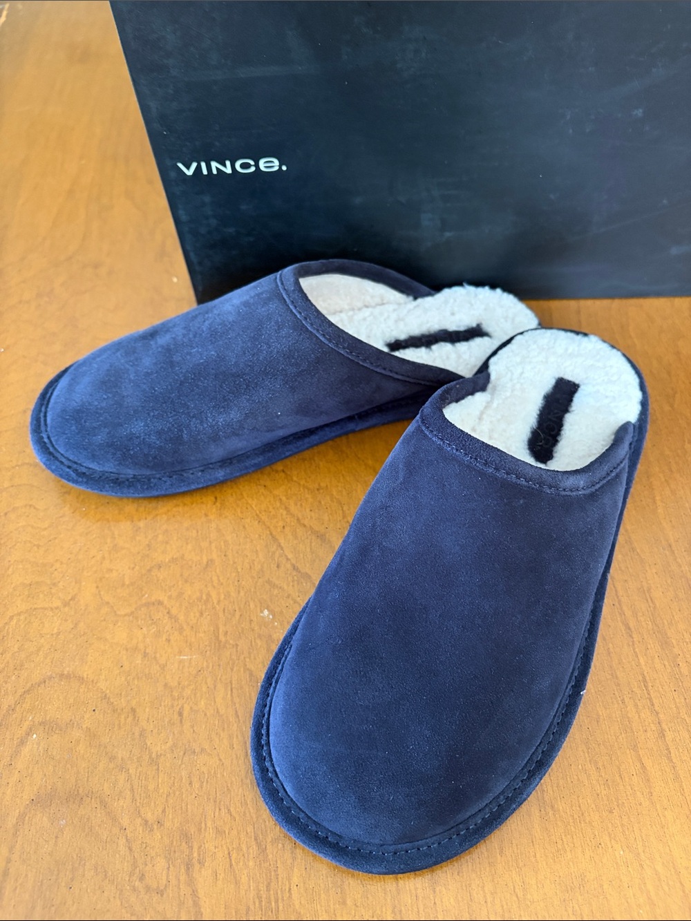 Vince NIB Men's Black/Navy Suede Shearling-Lined Slip-On Slippers